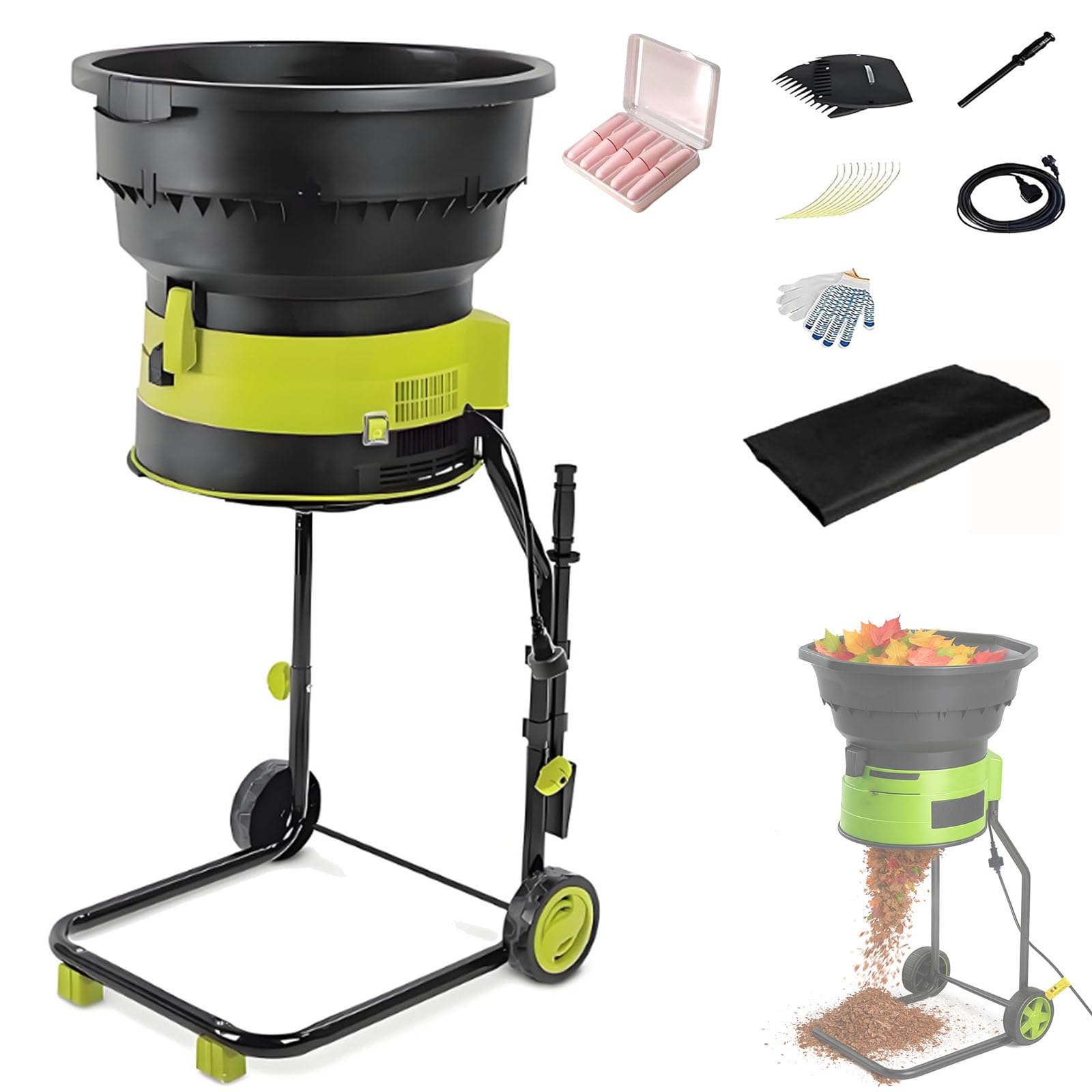 Trituradora de hojas eléctrica de 2500 W con ruedas, máquina de compostaje, trituradora de 8000 RPM, herramienta de limpieza de jardín, relación de reducción de 17:1(30mxpowercord)