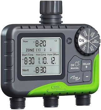 Garden Sprinkler Timer 3-Zone 1min to 8h Duration