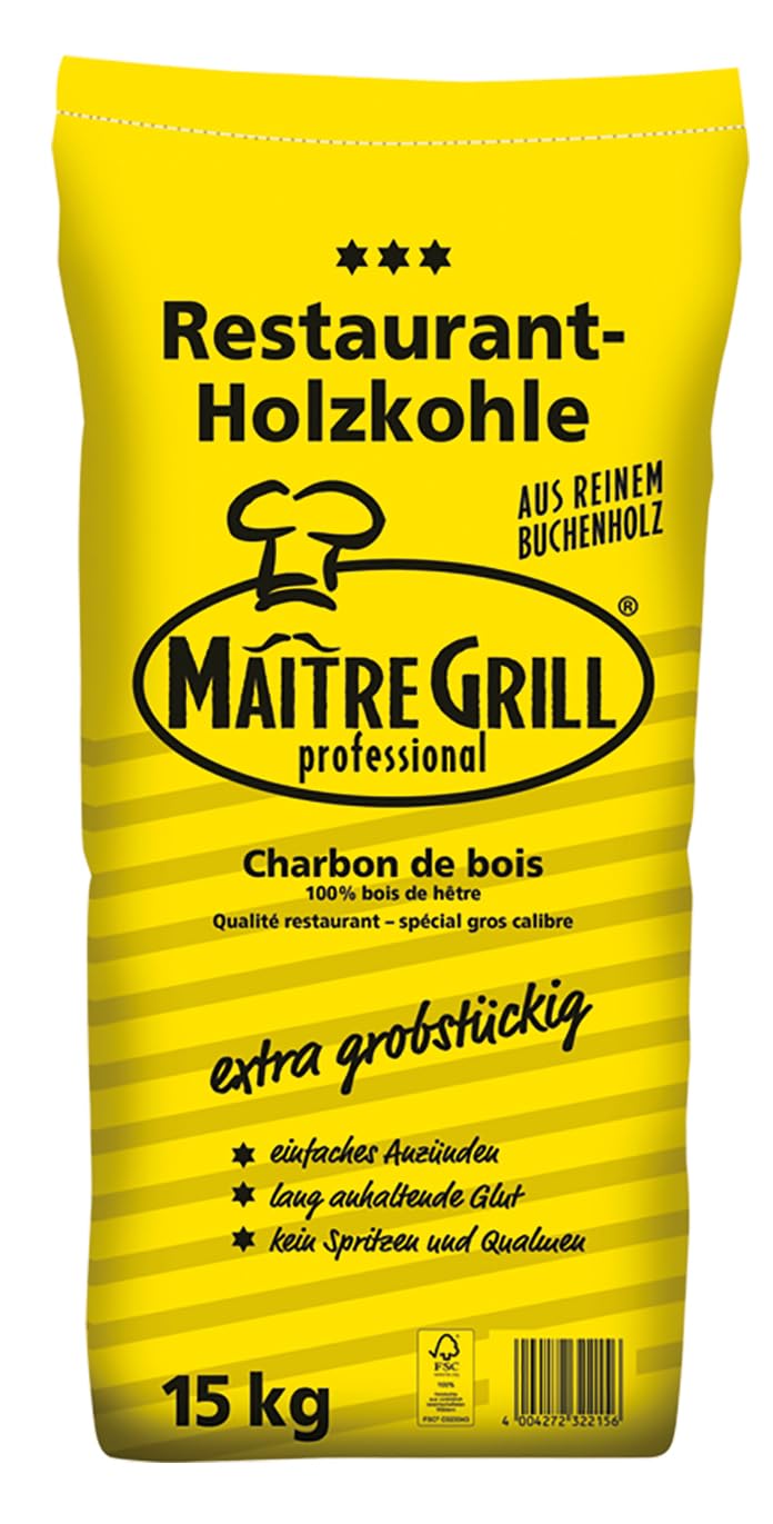 Maître Grill Restaurantholzkohle (Inhalt 15kg, Buchenholzkohle im Retortenverfahren, besonders große Körnung, Grillkohle, Holzkohle) 52001