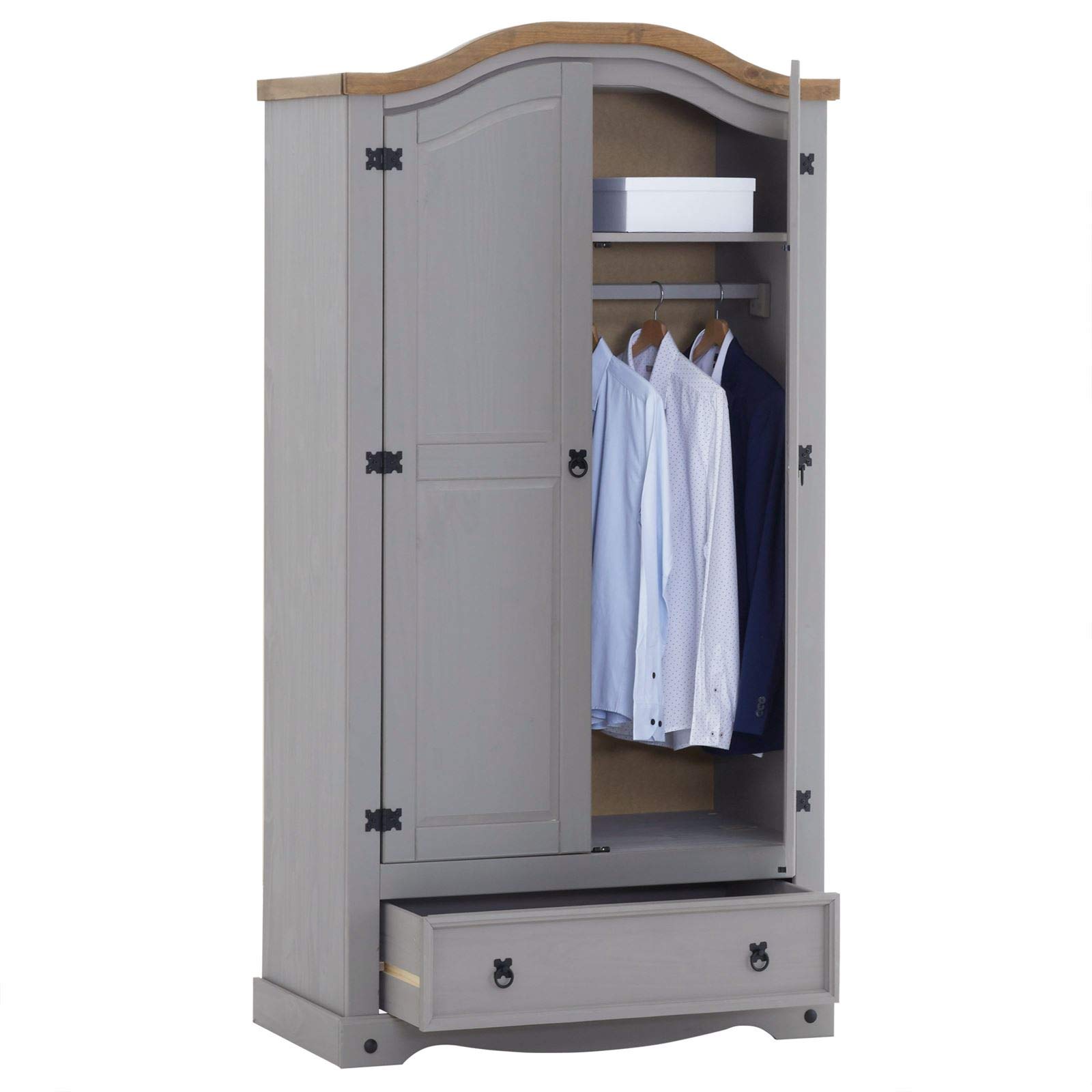 Kleiderschrank Ramon Garderobenschrank Mexiko Möbel Kiefer massiv,grau/gebeizt,gewachst, 2 Türen und 1 Schublade