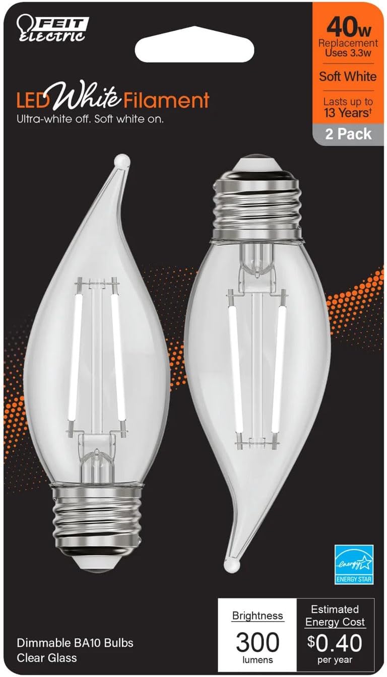 Feit LED Dimmable BA10 E26 (Medium) Filament LED Bulb Soft White 40 Watt Equivalence 2 pk