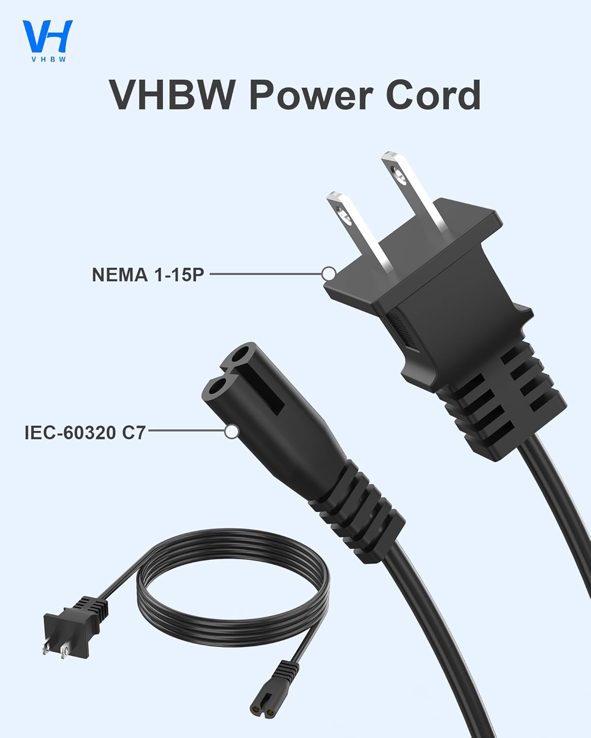 vhbw for 2 Prong Power Cord, 4.9ft Figure 8 Cable, IEC C7 to NEMA 1-15P, 18AWG 10A, Replacement Power Supply Cord for Robotic Vacuum Charging Dock and Other Household Electronics