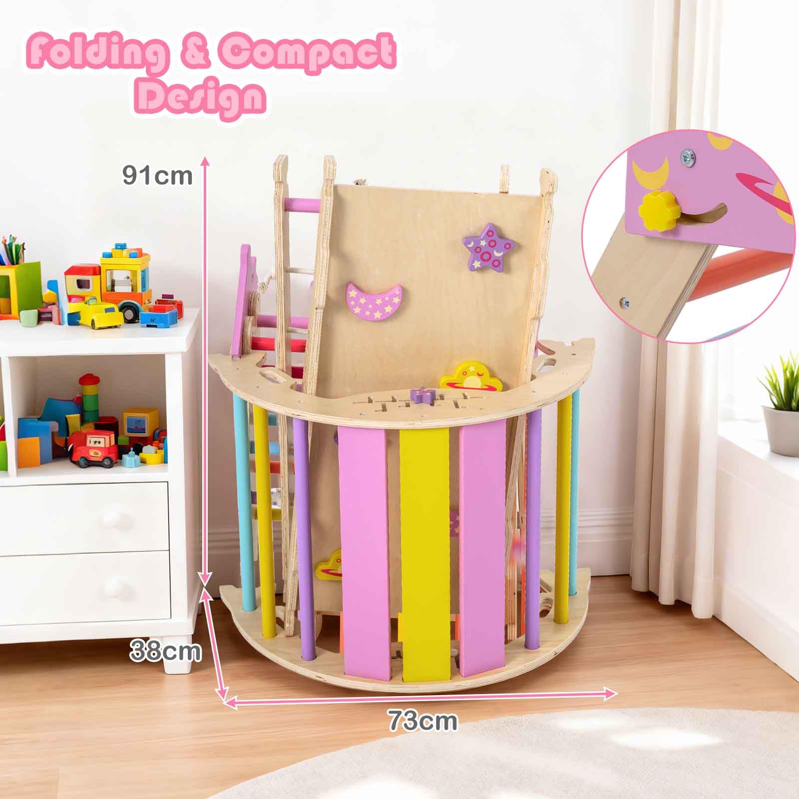 HOMASIS 4 in 1 Kletterdreieck mit Kletternetz, Kletterbogen, Wippe & Leiter, Klettergerüst mit doppelseitige Rampe & Baustein Set, Holz Sprossendreieck für Kinder ab 1 Jahr (Macaron, Einhorn)