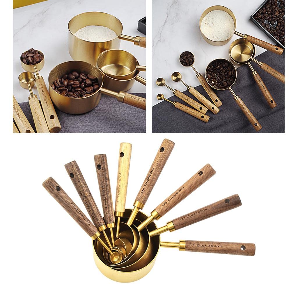 4 Stück Messbecher Edelstahl Messlöffel Set Küchenzubehör Doppel Skala Holzgriff Leicht zu Reinigen für Kochen Backen Alltäglicher Gebrauch, Messlöffelbecher