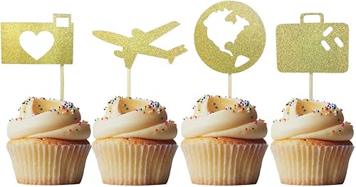 Miniatura 5 de Morndew 24 piezas de decoración de viaje para cupcakes, mapa de avión, corazón, corazón, decoración para tartas para el mundo que espera viajes,