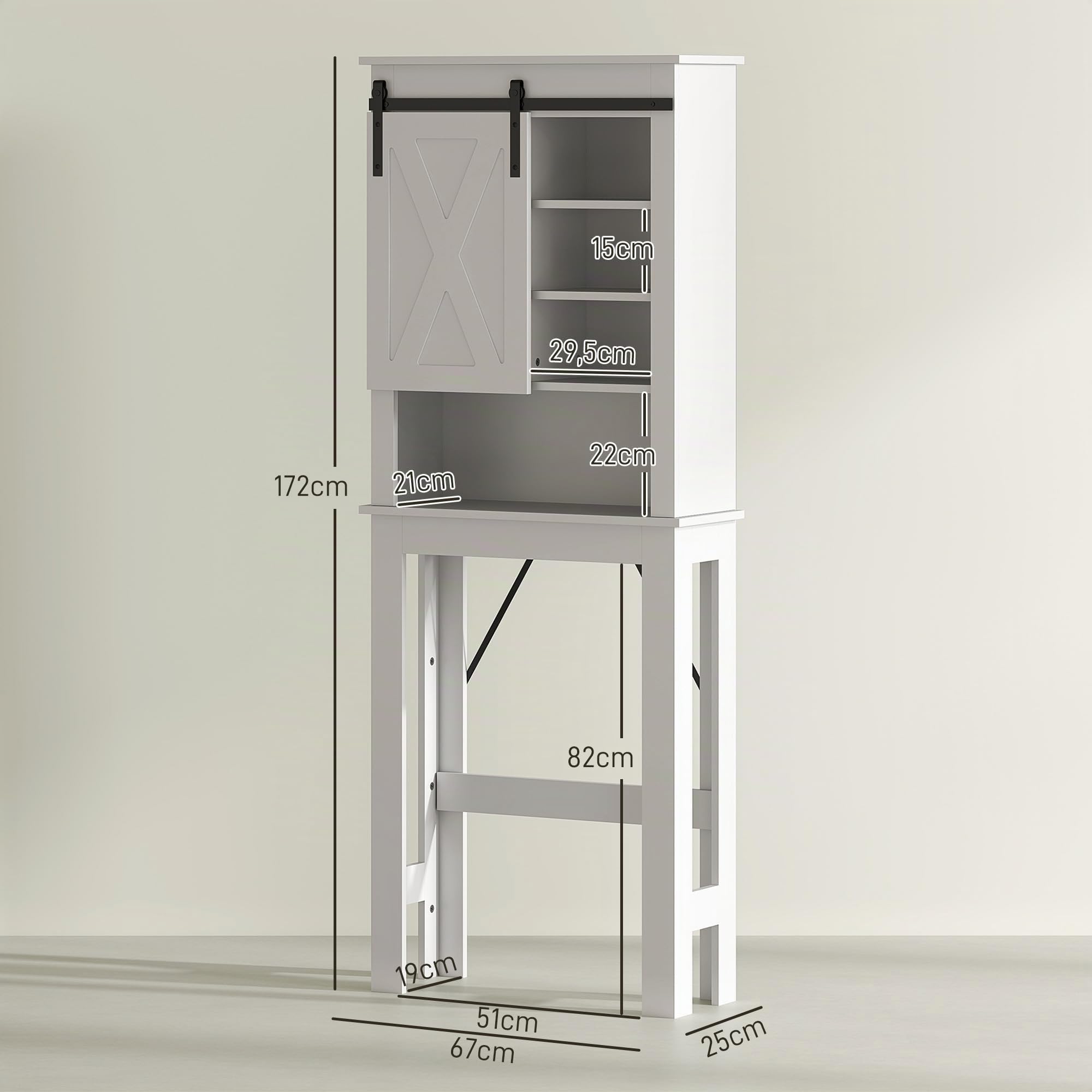 HOMCOM Mueble sobre Inodoro Armario sobre Inodoro con Puerta Corredera de Granero y 6 Compartimentos Mueble de Baño Rústico 67x25x172 cm Blanco