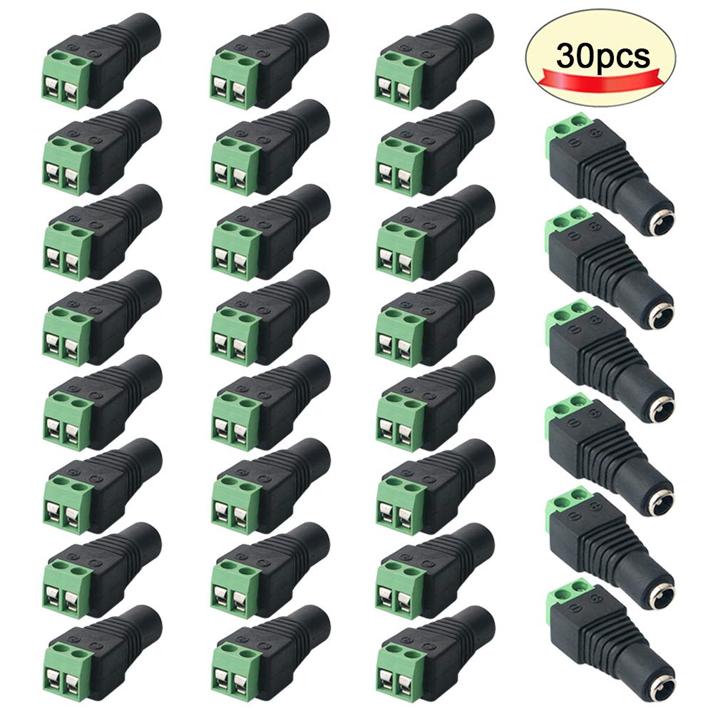 QitinDasen 30Pcs Premium 5.5 X 2.1mm DC Power Connector Female Socket, 12V / 24V DC Power Jack Connector Adapter, 2 Pin DC Screw Terminal Connector, for CCTV Camera LED Strip