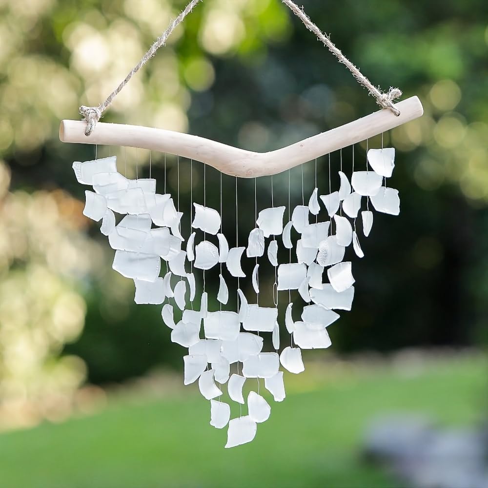 White - Handmade Raindrop Butterfly Recycled Glass Hanging Mobile Wind Chime Suncatcher Beach Decor (Large)