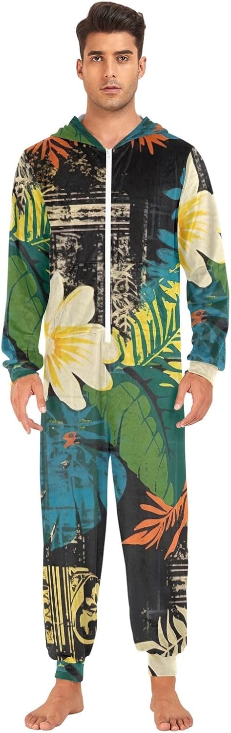GAIREG Traditional Hawaiian Style Floral Adult Onesie Pajamas, Soft Plush Hooded One Piece Jumpsuit for Men Women