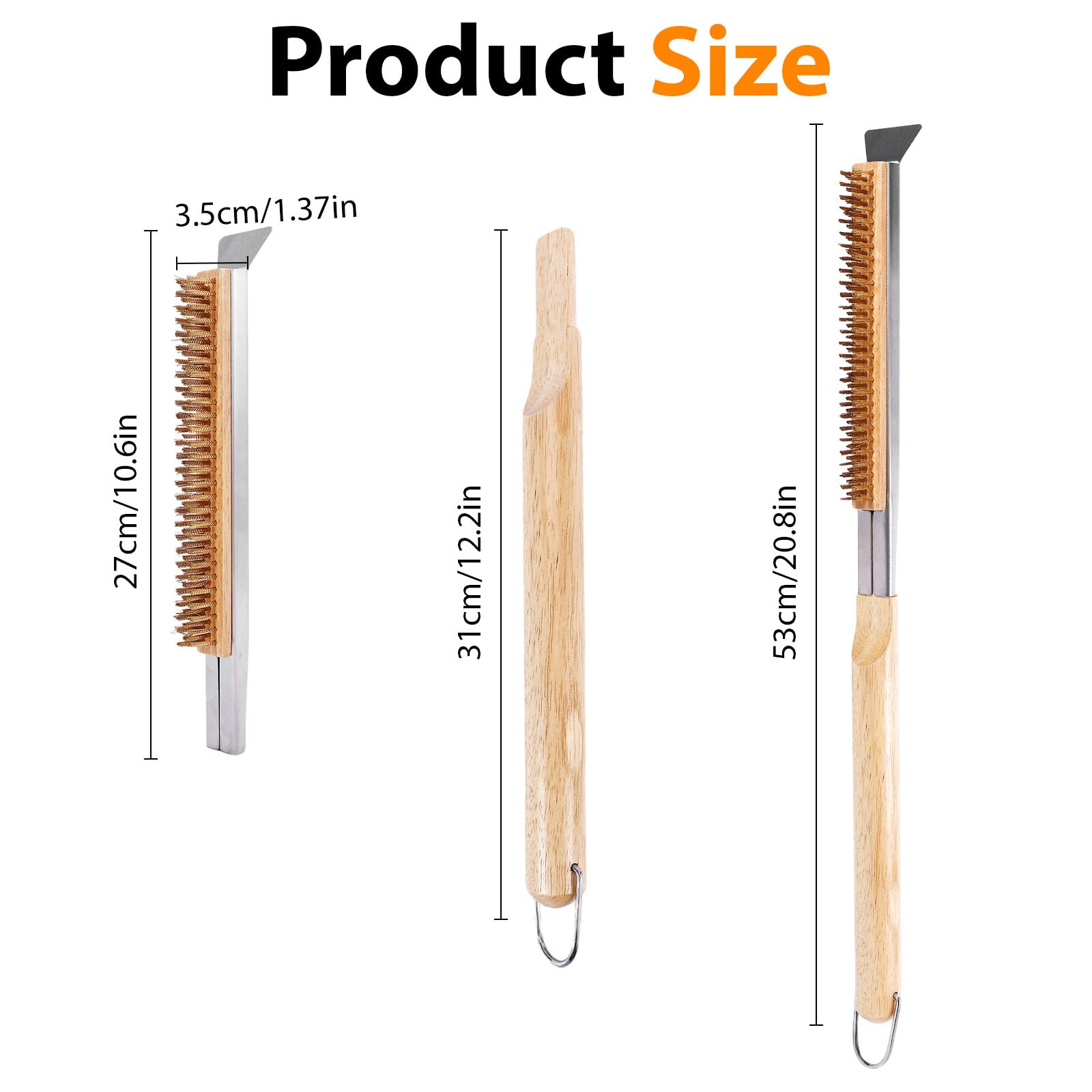 Brosse de Four à Pizza avec Grattoir, Outil de Nettoyage 53 cm, Poils en Laiton Résistants à la Chaleur et Manche en Grille Barbecue, Boispour Pierre à Pizza et Fours Extérieurs