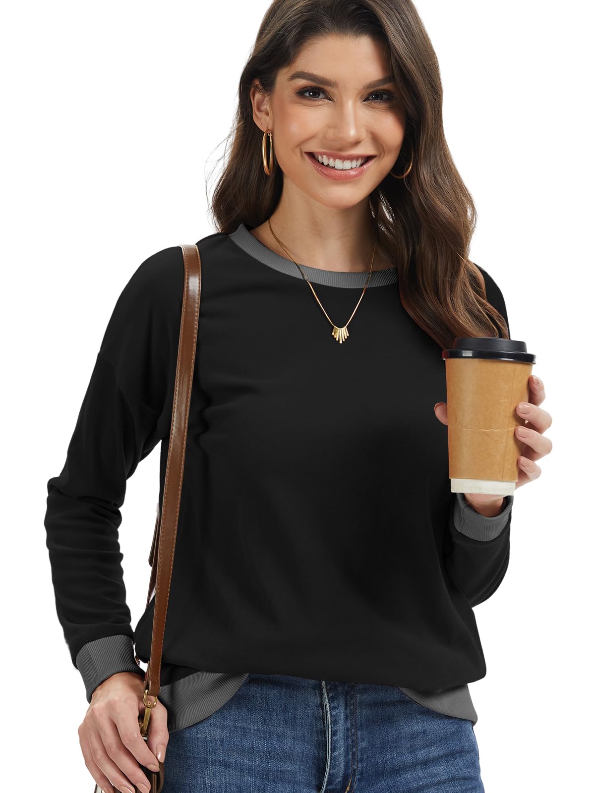 Cuptacc Pullover Damen Sweatshirt Langarm Rundhals Kontrast Langarmshirt | Rundhalsausschnitt|Oversized|Bündchen|Drop-Schulter|Langarm|Herbst|Winter|Casual|Women