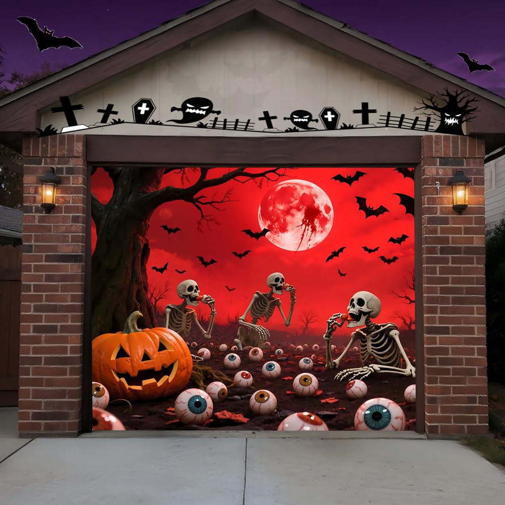 Zfflyh Skull Eyes Halloween Garage Door Cover Decorations Banner, Large Halloween Hanging Backdrop Door Cover Wall Decorations For Outdoor Holiday Decorations,,8 * 7