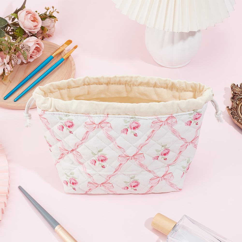 PLIGREAT Small Drawstring Makeup Bag Cotton Quilted Cosmetic Bag with Canvas Lining Pink Bow Style Portable Make Up Organizer for Traveling Toiletry Cute Women Gift - Image 4