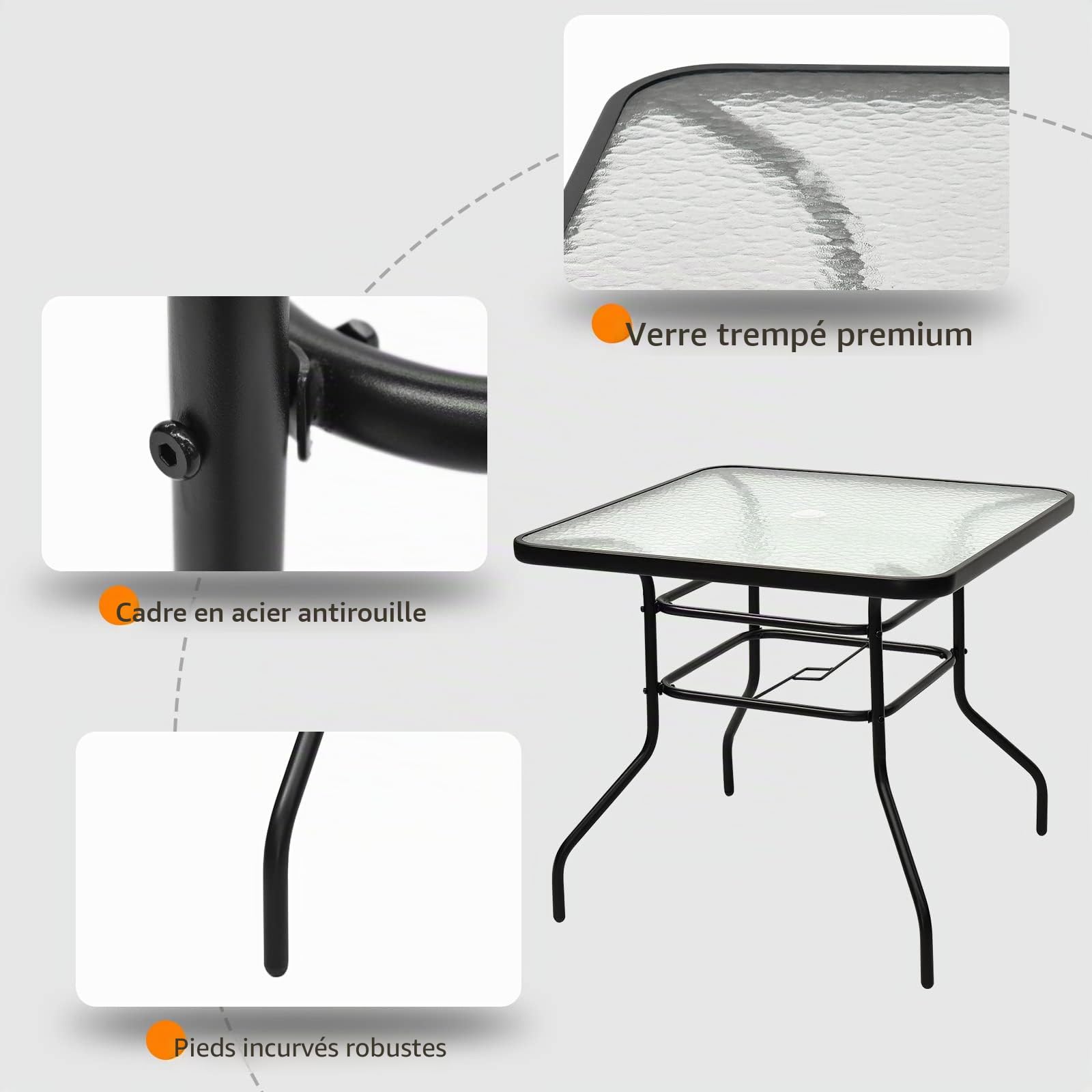 GIANTEX Table de Jardin Carré 81x81 cm Verre Trempé avec Trou de Parasol Métal Laqué
