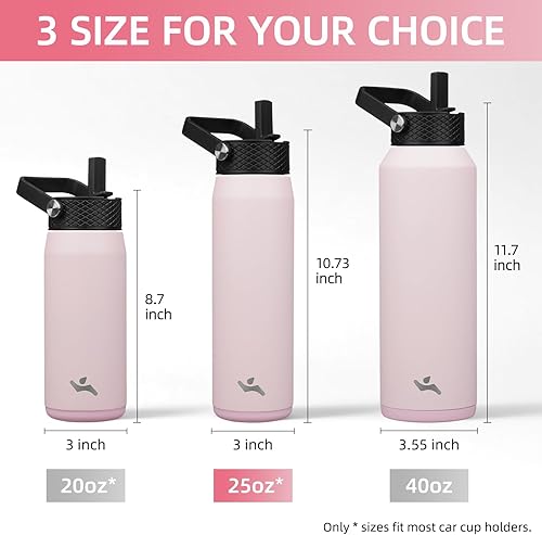 Miniatura 5 de Botella de agua aislada de acero inoxidable de 25 onzas con popote y 3 tapas, botella de agua deportiva sin BPA, botella de agua de viaje, color rosa