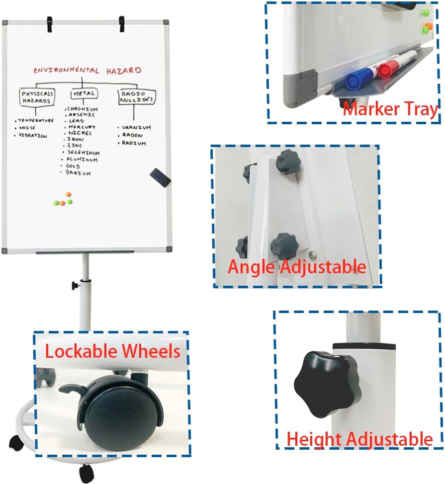 Mobile Dry Erase Board – 36x24 inches Height Adjustable Magnetic Portable Whiteboard Stand Easel White Board Flipchart Easel Board with 25 Sheets Paper Pad (36''x24'' White)