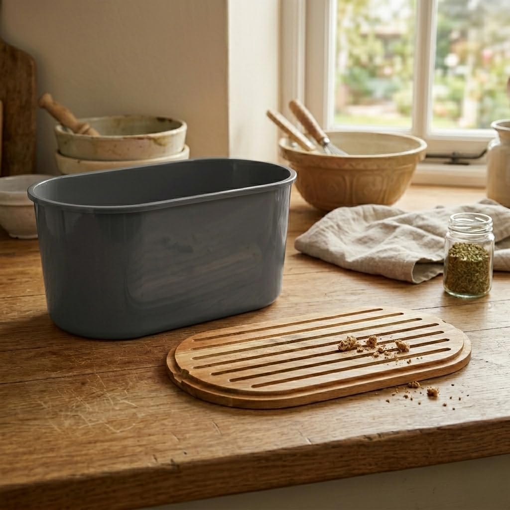 Echtwerk Caja de panera de melamina para Guardar Pan con Tapa de bambú, con Tabla de Cortar integrada, Negro