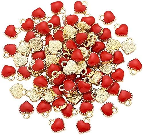 Cheriswelry 100pcs Alloy Mini Red Heart Enamel Charms Golden Plated Metal Dangle Pendants for Jewelry Making Bracelets Necklace Earrings Valentine's Gifts Accessories