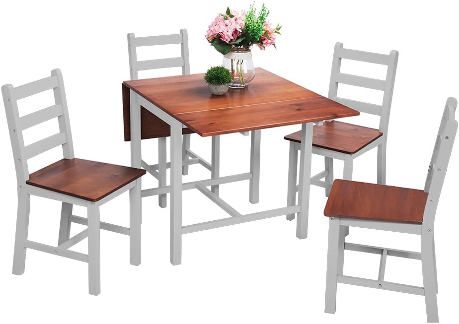 Kitchen Drop Leaf Folding Dining Table and 4 Chairs Set,Extendable Solid Pine Wood Home Furniture (Grey)