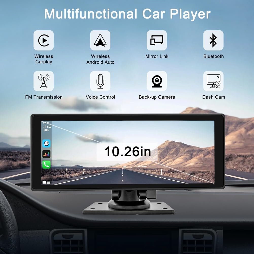 Autoradio Carplay portatile fili con dashcam, schermo IPS HD 10,26, Android Auto, Telecamera retromarcia 1080P, Ricambi Bluetooth