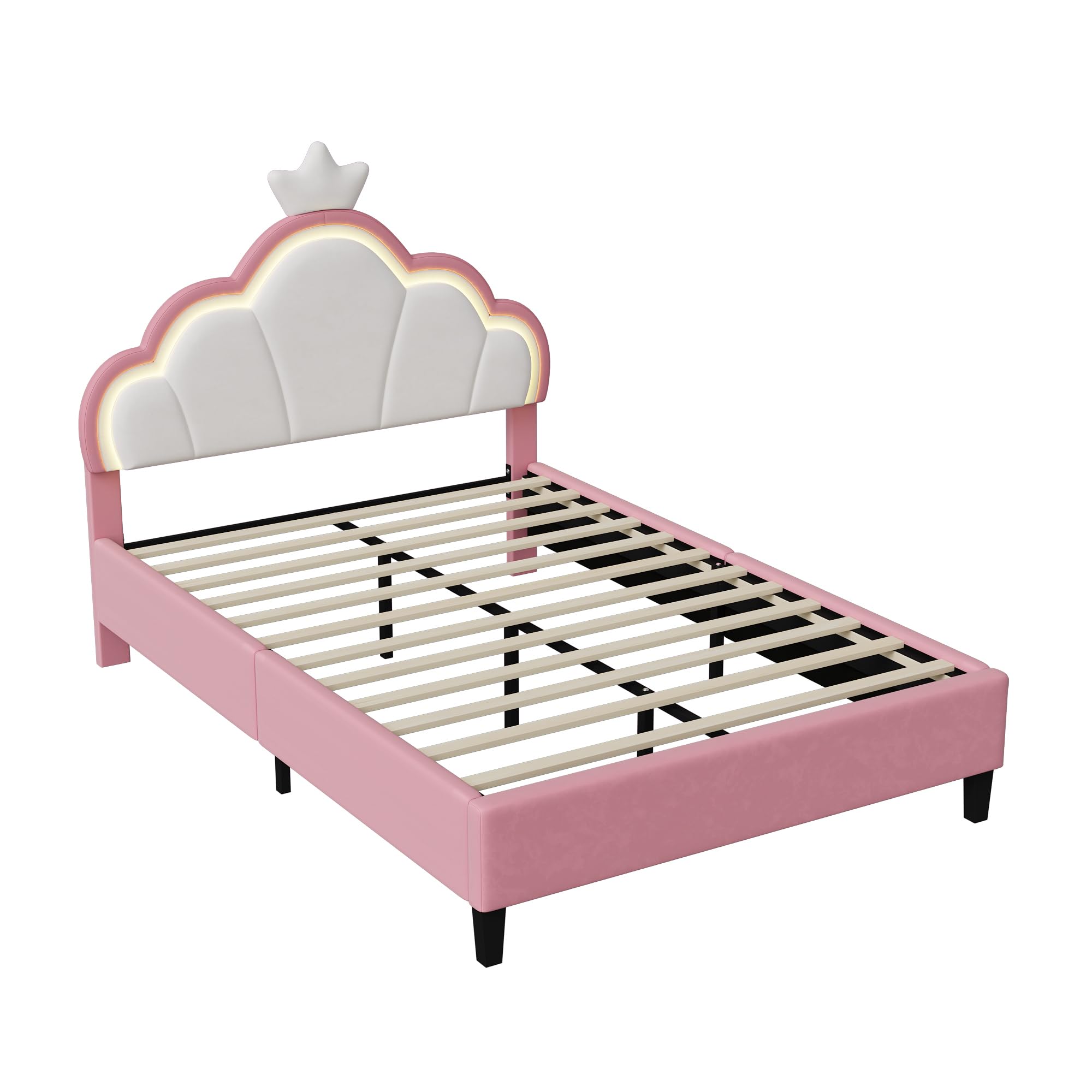 Lit Enfant Rembourré 90x200 cm avec LED pour Fille Adolescent- Tête de Lit Réglable en Hauteur, Sommier à Lattes, Design Couronne de Princesse en PU Rose (sans Matelas)