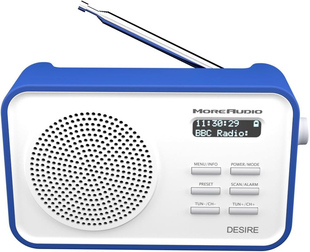 MoreAudio Desire DAB Digital FM Radio Alarm Clock - Rechargable Battery / Mains Powered - Blue
