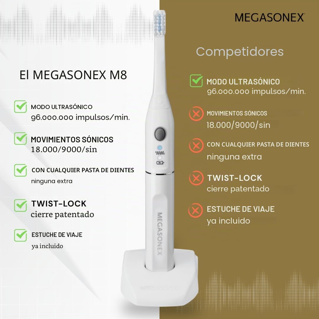 MEGASONEX Cepillo de dientes ultrasónico M8, con 2 niveles de vibración, cepillo de dientes blanco con 2 cabezales medianos