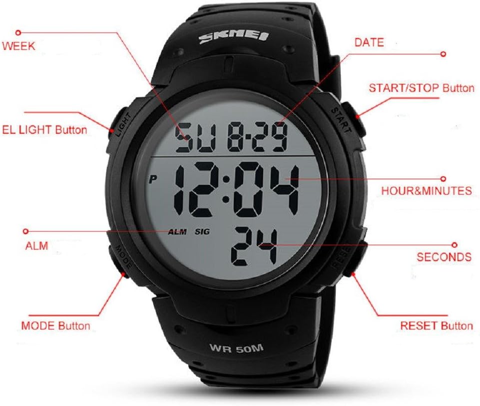 Diagram of SKMEI Digital Sports Watch with labels pointing to Week, Date, Start/Stop Button, EL Light Button, Hour & Minutes, ALM (Alarm), Mode Button, Seconds, and Reset Button.