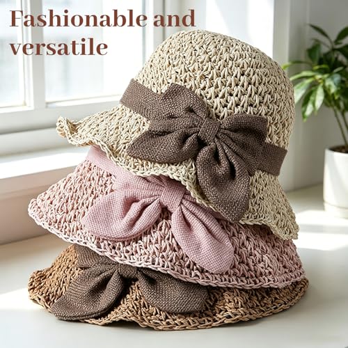 Sombrero de paja tejido elegante con moño para mujer miniatura 2