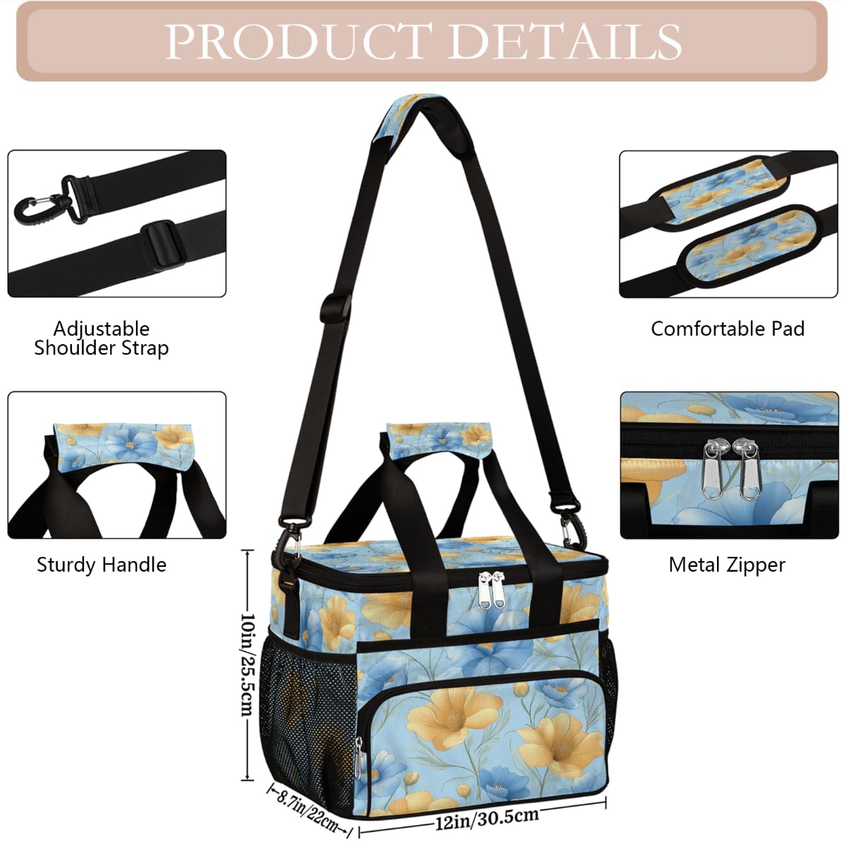 Grande borsa termica da campeggio per picnic, elegante design floreale blu giallo pieghevole portatile da viaggio borsa per il pranzo e contenitore per il pranzo per uomini e donne, 20 l