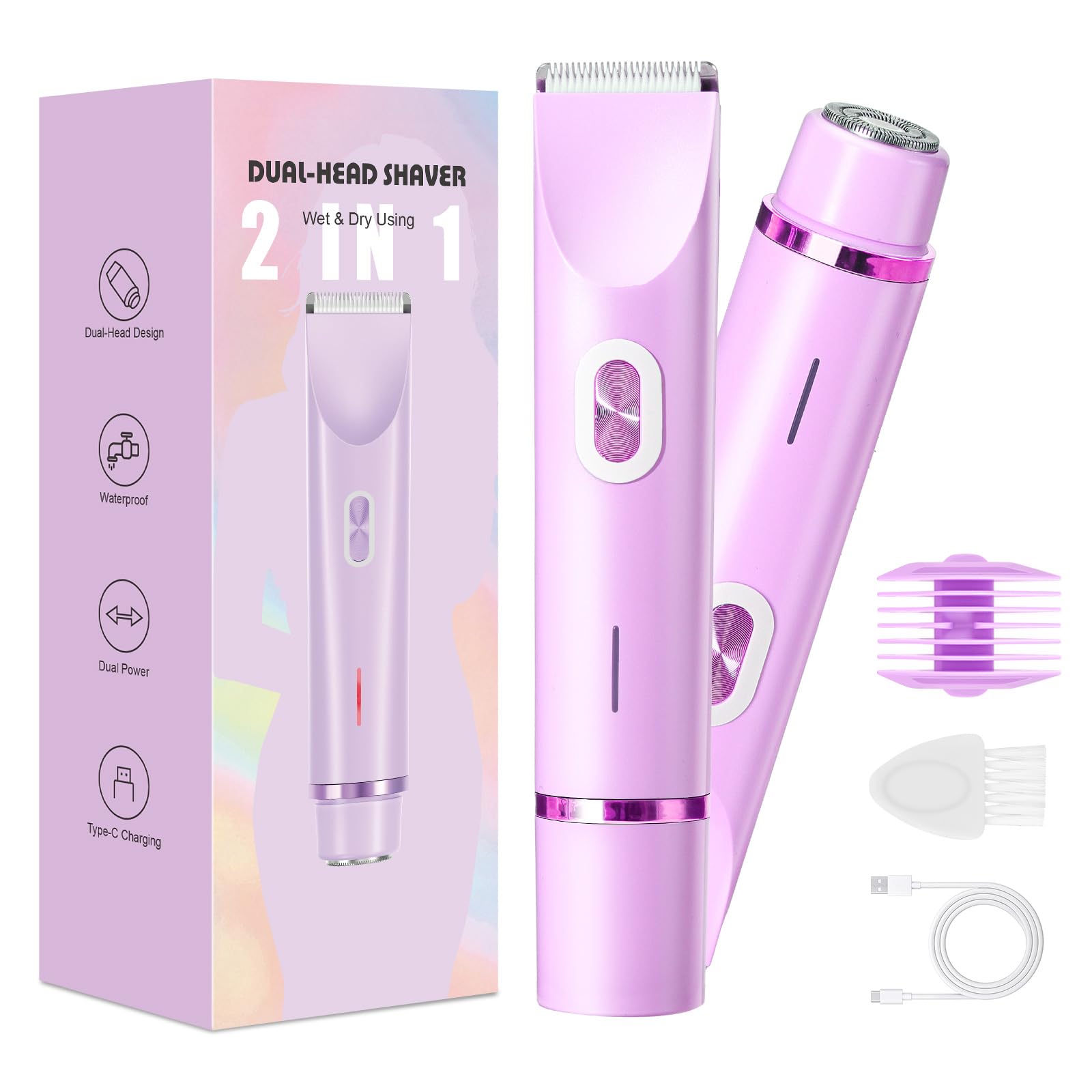 Rasoio da donna, 2 in 1, a doppia testa, con ricarica USB-C, rasoio elettrico da donna, per viso, gambe e braccia, bikini con testa di trimmer, facile da pulire (viola)