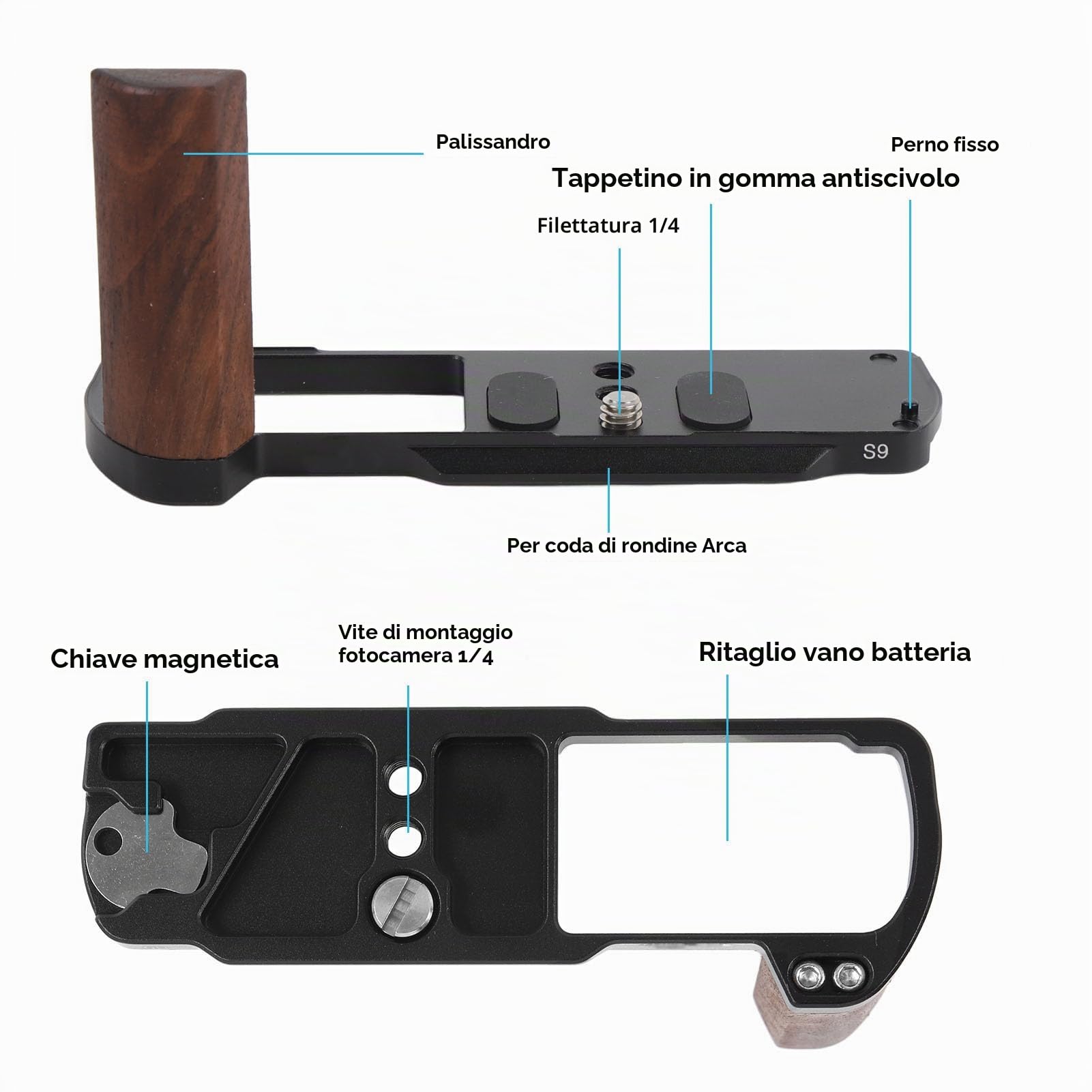 Impugnatura per Fotocamera LUMIX S9, Impugnatura a Forma di L con Piastra a Sgancio Rapido Incorporata per Arca, Foro per Vite da 1/4 di Pollice, Staffa a L Antiscivolo in Lega
