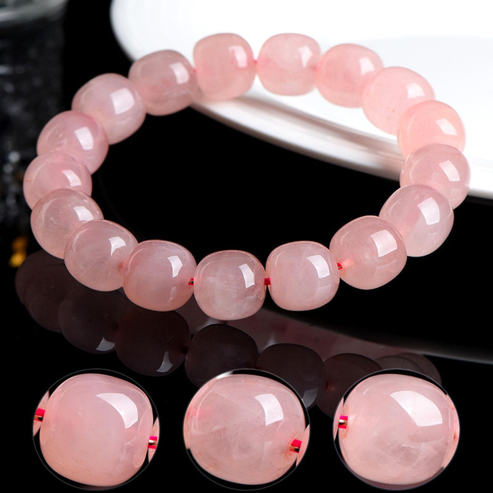 Braccialetti Naturali Bracciale in Quarzo Rosa, Bracciale Elastico Fatto a Mano con Pietre preziose Rosa Naturali per l'energia positiva dell'amore, Meditazione Yoga Unisex,10 * 12mm