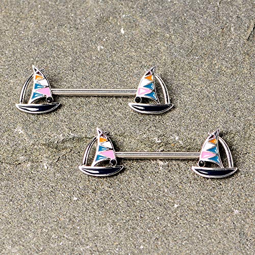 Body Candy 14G Womens Nipplerings Piercing Steel 2Pc Black Accent Nautical Sailboat Nipple Ring Set 9/16" #TOP1