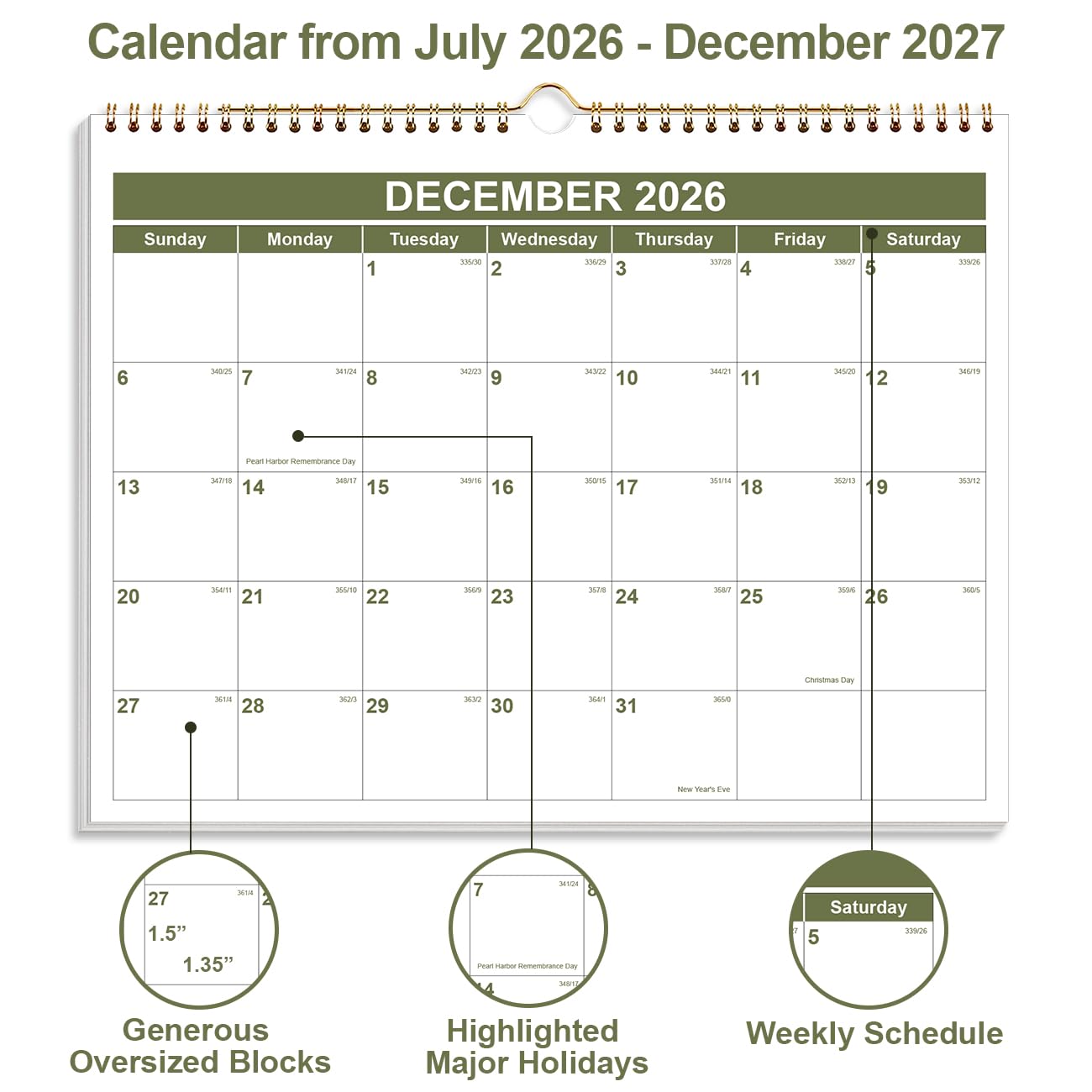 Kalender 2025-2026 - Wandkalender 2025-2026 von November 2025 bis Juni 2027, Spiralbindung Hängender Wandkalender 2026 für Zuhause/Büro, 21,6 x 27,9 cm, Grün