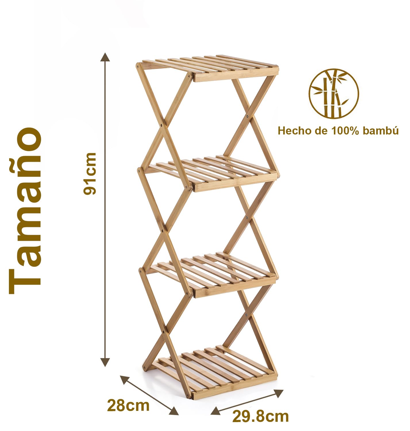 Ichigo Ichie Estantería Plegable de Bambú de 4 Niveles, Estante de Almacenamiento Multifuncional para Hogar y Baño, Ideal para Toallas, Cosméticos, Perfumes y Plantas, 29.8x28x91cm