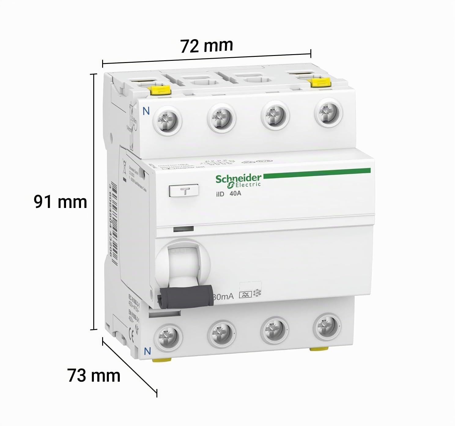 Schneider A9Z21440 Disjoncteur différentiel iID, 4P, 40A, 30mA type A, Blanc