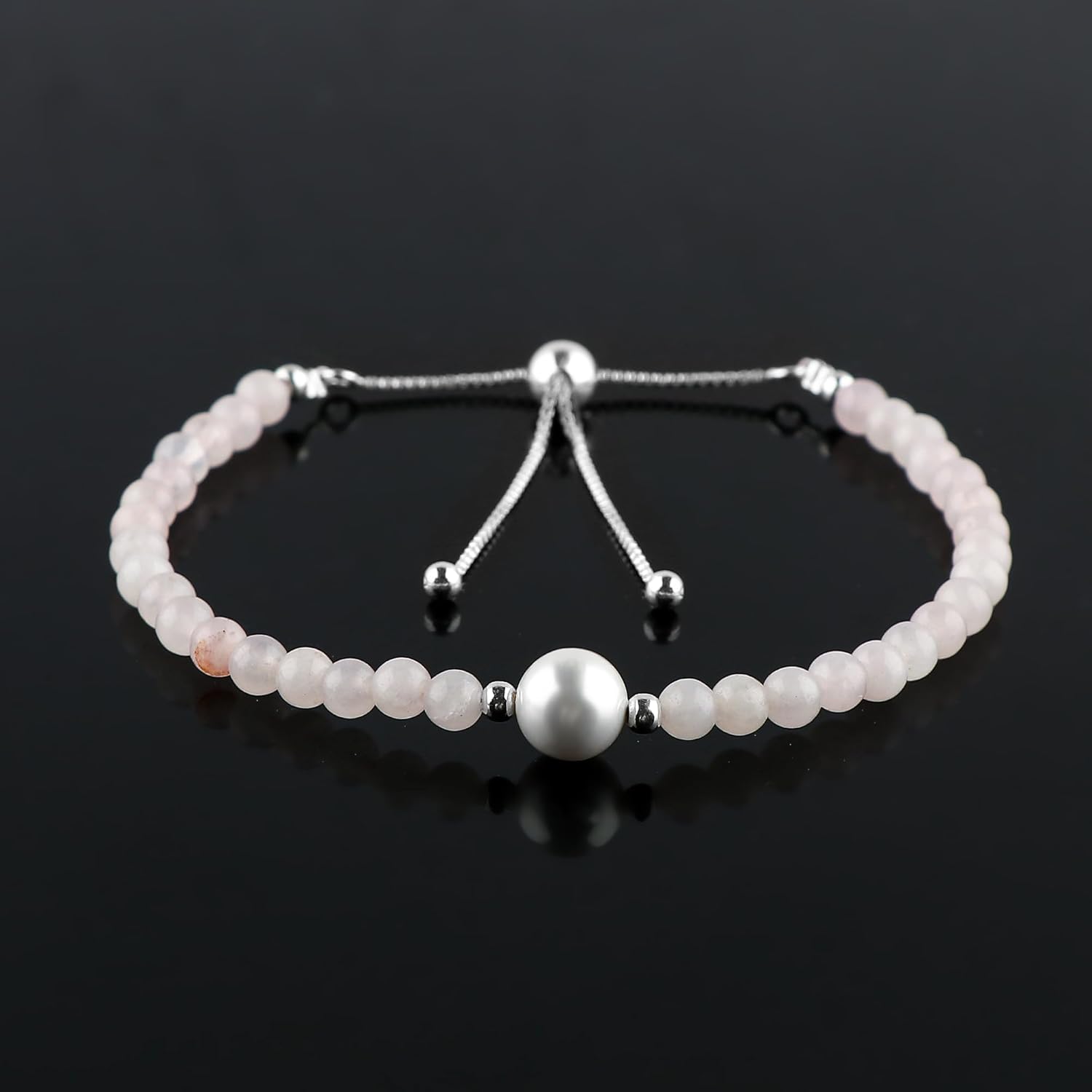 AAA Grade Natural Gemstones Beaded Bohemain Bolo Bracelet with White Pearl, Handmade Jewelry, Beaded Stones, Healing Crystals, Silver Adjustable Chain, Christmas Gift for Women, 10inch - Image 2