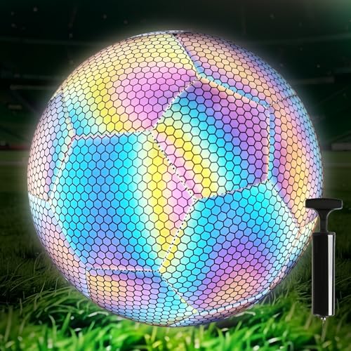 PORFOYO Curve Ball Fussball, Leuchtender Fußball Offizielle Größe 5, Reflektierender Fußball mit Luftpumpe, Holografisch Leuchtend Fußbälle für Drinnen Draußen