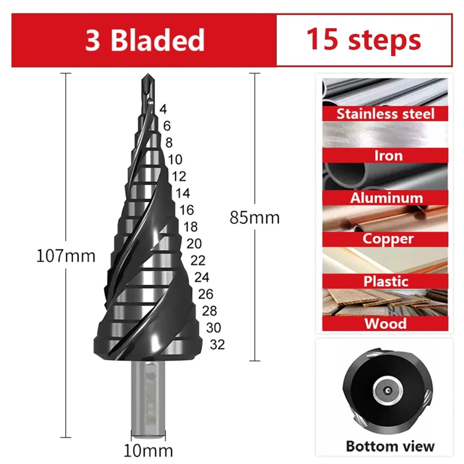 Broca Pagoda de cobalto de grado industrial, broca escariadora de acero inoxidable TiAlN, broca trapezoidal, broca escalonada, broca escalonada, escalones de ranura recta, 1 pieza(15 steps 4-32mm-01)