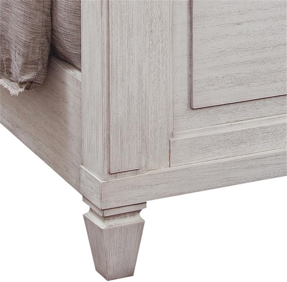 BOWERY HILL Modern Farmhouse King Panel Bed, 82" W, Mahogany Wood with Veneers, Oyster White Wire-Brushed Finish, Raised Panels, Dentil Molding Trim, Square Tapered Feet, Bedroom Furniture Design