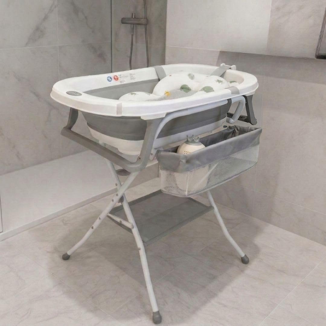 Bañera Plegable de Bebé con Soporte Patas Antideslizantes | Portátil | Tubo Desagüe | Cesta para Juguetes y Organizador para Champú | Ligera, Compacta y Segura para Baño (Gris Cojín Regadera)