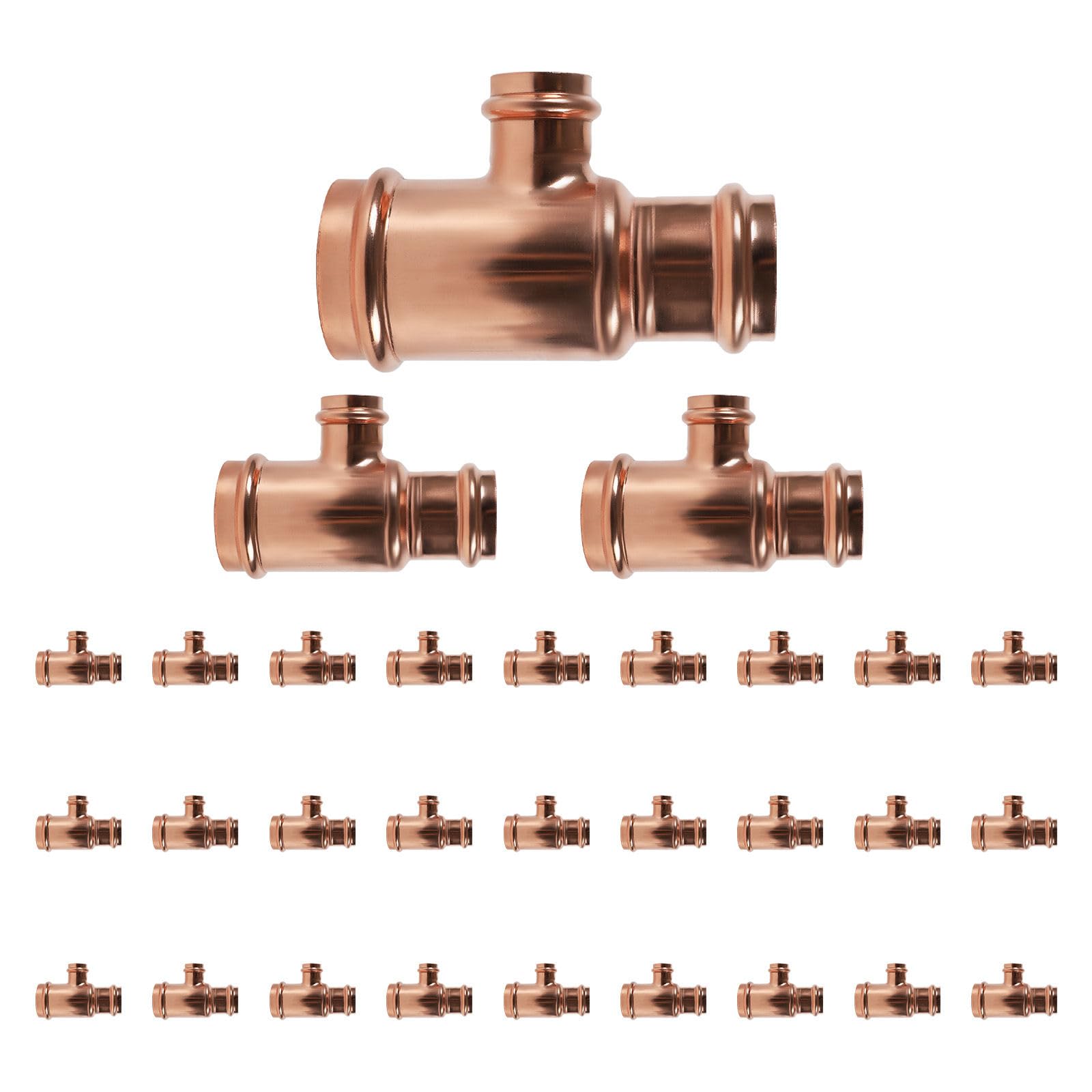 Paquete de 30 conectores en T reductores de cobre GUOFIS, 1-1/2" P x 1-1/4" P x 1", conector en T reductor de presión para plomería, derivación de transición de tamaño de tubería de tres vías