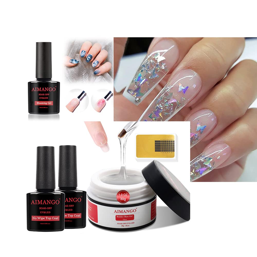 AIMANGO Clear Builder Base Gel for Nails and Quick Dry No Wipe Matte Top Coat Long Lasting No Wipe Glossy Top Coat Set- 3 in 1 Builder Gel & Base Coat & Nail Strengthen Gel with 20Pcs Nail Forms