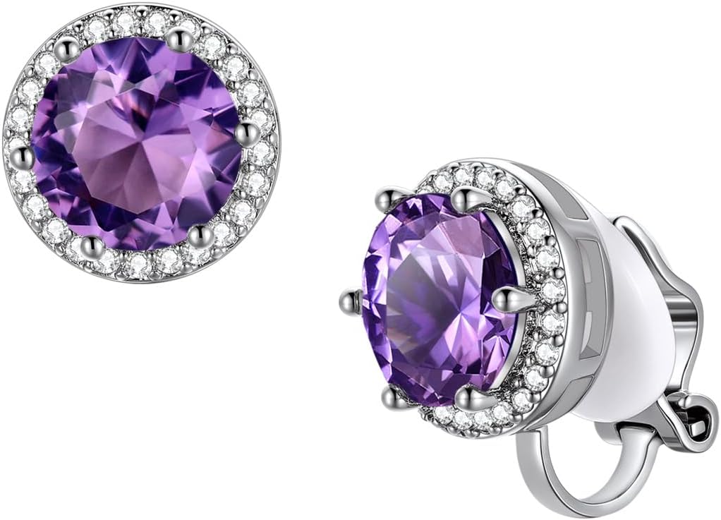 FindChic Sparkling Birthstone Clip On Earrings for Women, Silver Plated Stud Earrings 8MM Cubic Zirconia Non Pierced Studs, 12 Months Birthday Jewelry Gift