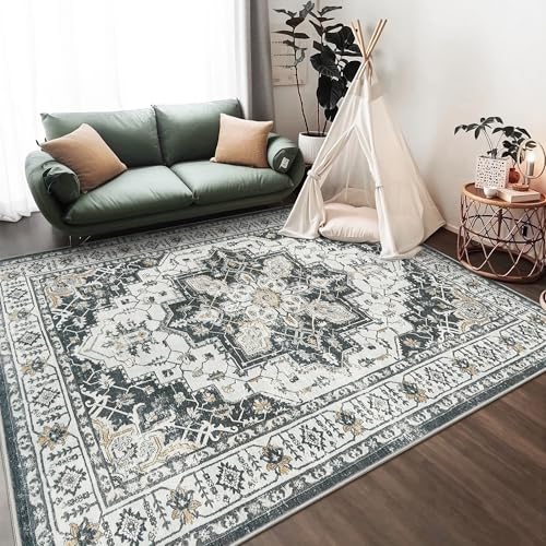 Madane 6x9 Area Rugs for Living Room, Stain Resistant Washable Rugs, Non-Slip Backing Area Rug, Vintage Home Decor Rug for Bedroom (Black, 6'x9')