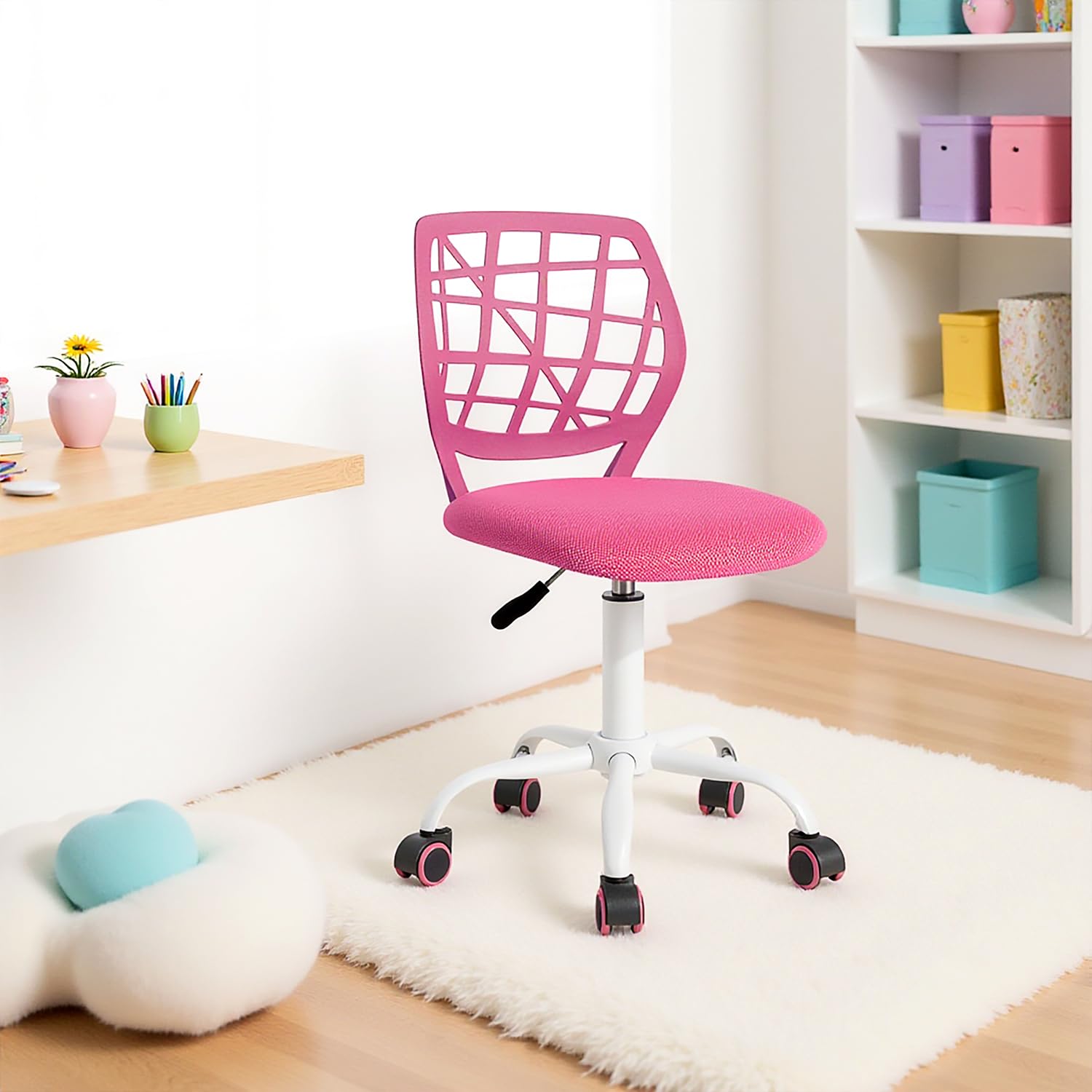 FurnitureR Sedia da scrivania per bambini, regolabile in altezza, girevole, con schienale con piccolo foro, adatta per camera dei bambini o sala studio, rosa I