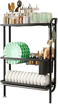 Dish Drainer Rack Kitchen Rack Countertop Household Food Dish Drying Chopsticks Sink Storage Wall Mounted Black, 3 Tier Wall Mounted Dish Rack with 3 Compartments Cup