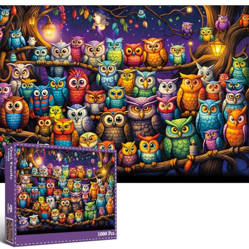 1000 Teile Eulen-Puzzle, 70x50cm-1,8mm, Mattöl-Druck, Augenschonend, 1:1 Farbvorlage & Geschenkbox, Hochwertiges Geschenk für Puzzle-Enthusiasten