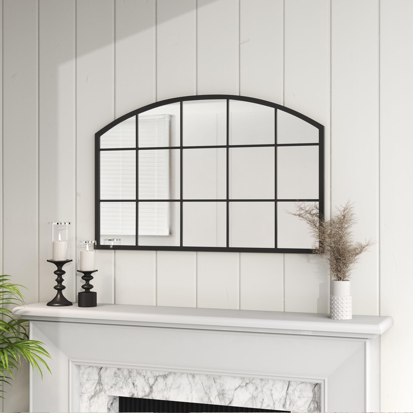 Warmiehomy Large Decorative Wall Mirror Arched Window Garden Outdoor Mirror with Metal Frame for Courtyard,Living Room,Hallway (Black, 110x70x2cm)
